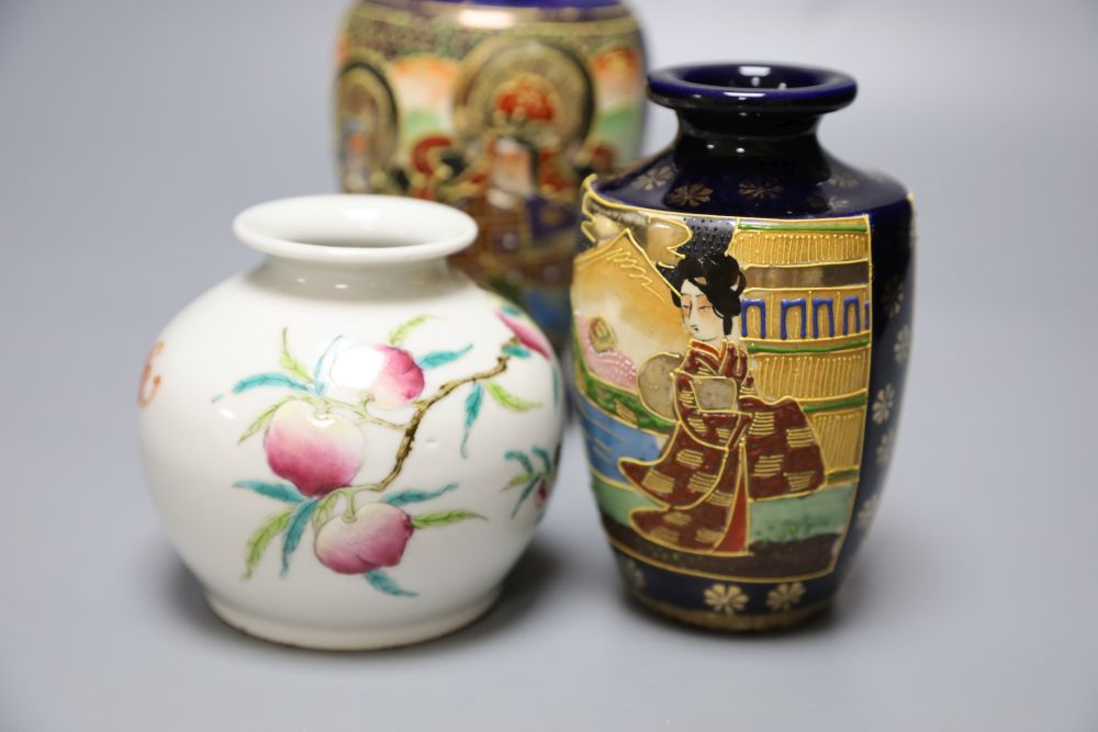 A Chinese famille rose jar, 9cm and two Satsuma enamelled jars